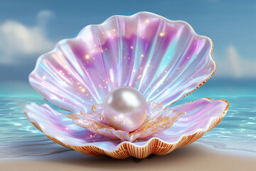 Iridescent Pearl in Scallop Shell Underwater – Dreamy 3D Render
