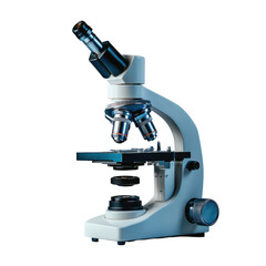 Laboratory microscope with multiple lenses and adjustable components cutout isolated on transparent bg, png