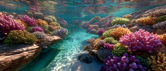A colorful coral reef with a blue ocean in the background