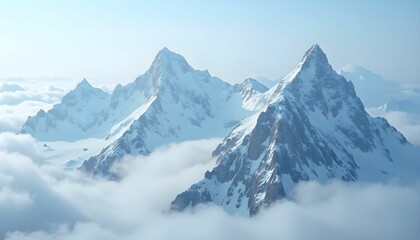 Fototapeta premium Snowy mountain peaks landscape aerial view winter wonderland high altitude scenic vista cold