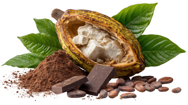 Cocoa pod with beans, powder, chocolate and leaves isolated on transparent background