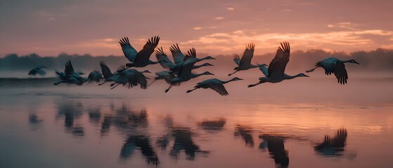 A flock of birds flying over a body of water