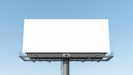 Obraz premium White billboard sign, 3D realistic advertisement with blank space. Blank white banner mockup on a big billboard. Empty bill board mock up isolated on gradient blue sky. Large outdoor billboard screen.