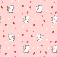 seamless pattern of cute kittens and strawberries