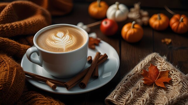 Cozy autumn scene featuring coffee and seasonal decor - Powered by Adobe