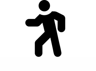 Simple black and white silhouette shows a person walking or dancing.