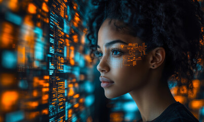 Closeup of thoughtful young woman analyzing futuristic digital data and code holograms in dark environment