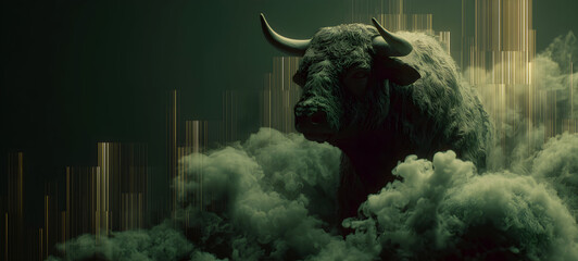 Stock market bull trading up, bullish. Symbolizing rising stock market, uptrend. Green colored. Abstract, modern concept of wall street business, bull market trader, crypto currency trading.