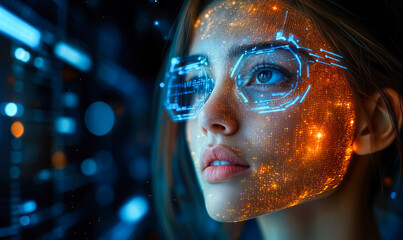 Close-up of young woman wearing futuristic smart glasses with digital holographic interface and glowing data points on face in dark technology environment