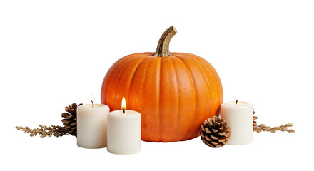 Pumpkin with candles and pine cones for autumn decorations