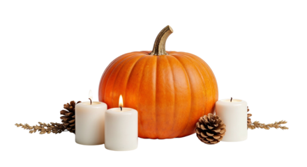 Pumpkin with candles and pine cones for autumn decorations  