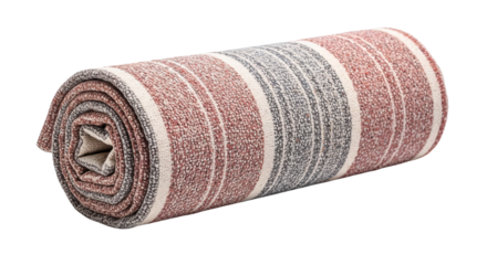 Rolled striped fabric textile in red and gray colors  