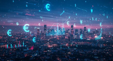 Night cityscape overlaid with glowing financial symbols, suggesting global economic activity technology
