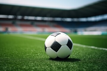 Fototapeta premium Classic leather soccer ball sits on a vibrant green field in a large stadium, ready for kickoff