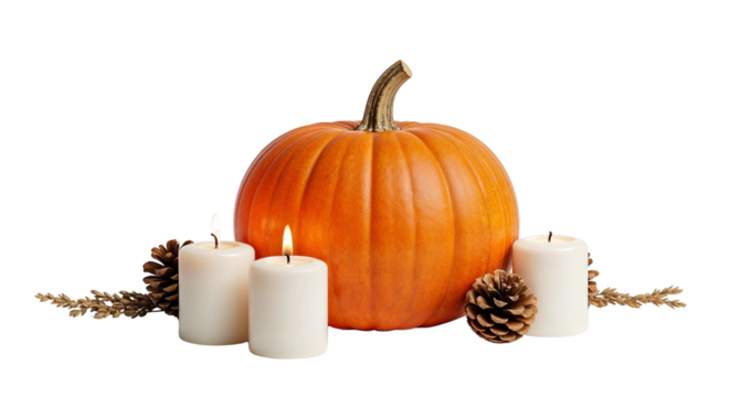 Pumpkin with candles and pine cones for autumn decorations  