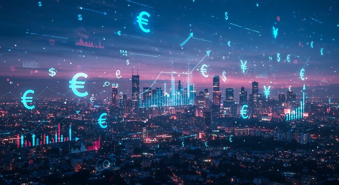Night cityscape overlaid with glowing financial symbols, suggesting global economic activity technology 