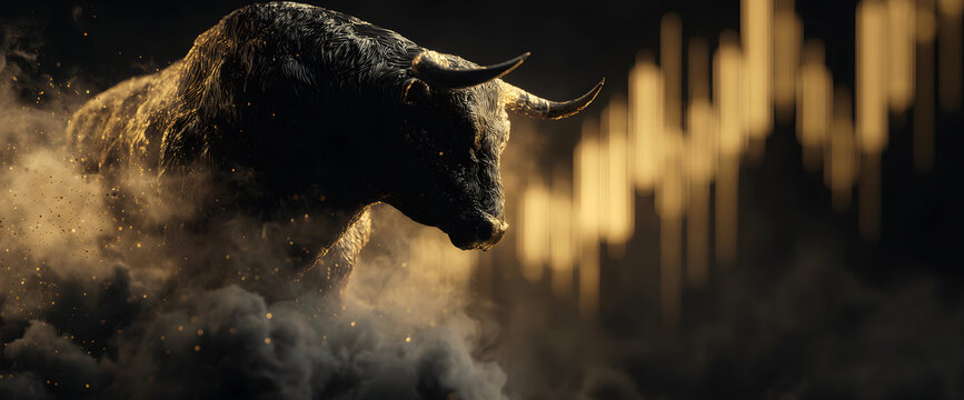 Stock market bull trading up, bullish. Symbolizing rising stock market, uptrend. Abstract, modern concept of wall street business, bull market trader, crypto currency trading. - Powered by Adobe