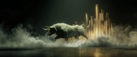 Stock market bull trading up, bullish. Symbolizing rising stock market, uptrend. Green colored. Abstract, modern concept of wall street business, bull market trader, crypto currency trading.