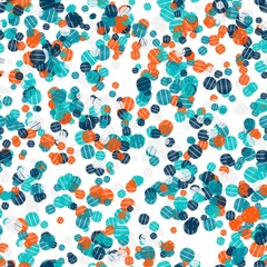 Teal blue, dark blue, dark turquoise, orange and porcelain white polka dot with texture on the white background. Seamless hand drawn pattern.