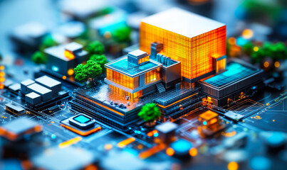 Obraz premium Futuristic smart city microchip with illuminated modern buildings and integrated technology circuit board design in digital metropolis concept