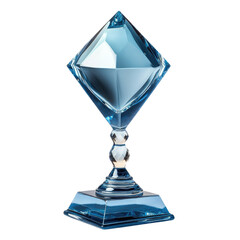 Elegant blue crystal trophy with diamond shape on pedestal cutout isolated on transparent bg, png