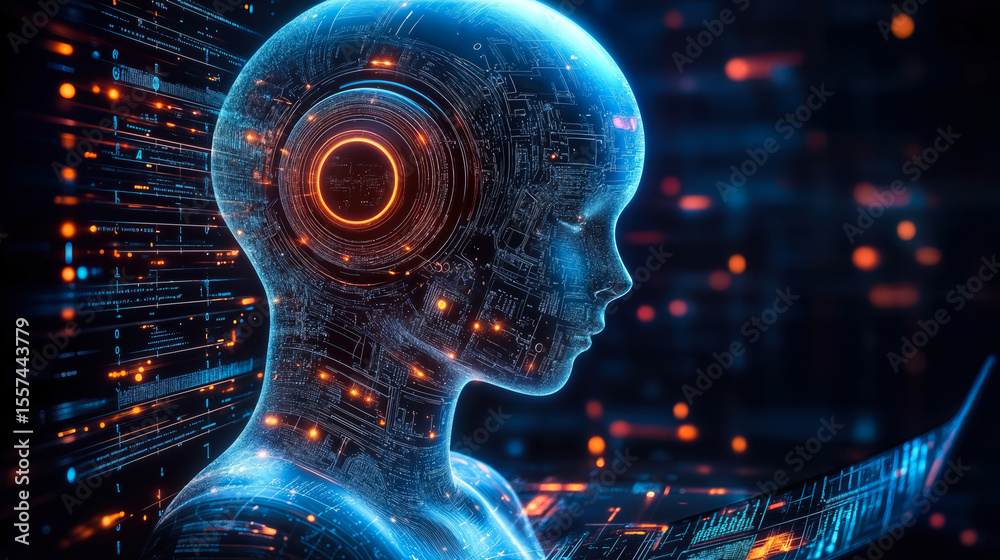Poster futuristic humanoid robot head with glowing circuitry and digital interface elements representing ar