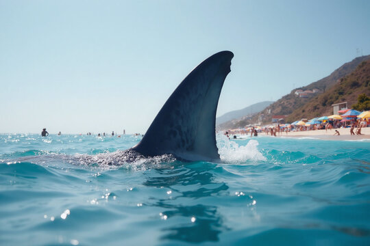 A shark just below the ocean water surface, its fin showing, roaming underwater for a prey to attack as people play and swim in a busy crowded beach, unaware of the dangers lurking in the sea nearby.