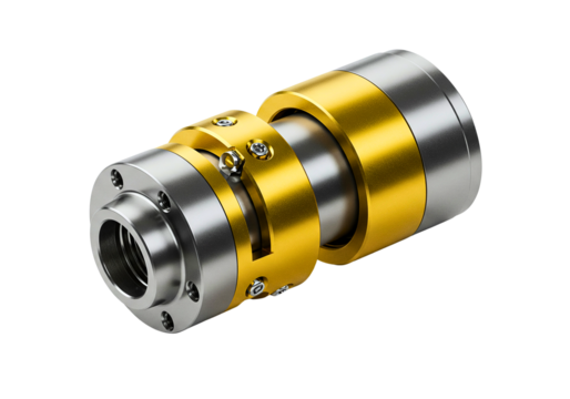 Precision engineered metal component with gold and silver finishes isolated on transparent background