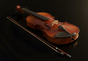 Fototapeta premium Violin and bow on dark surface