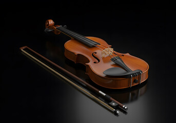 Fototapeta premium Violin and bow on dark background