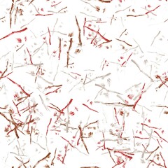 Abstract thin watercolor brush strokes. Japanese texture. Brown, dusty red, pinkish grey and white lilac colors on the white background. Seamless hand drawn pattern