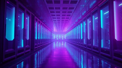 Futuristic Server Room Neon Lights Digital Art Technology Background web blue glow data style vivid 