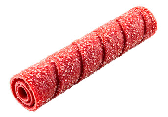 Close up of a red sour candy roll covered in sugar isolated on transparent background
