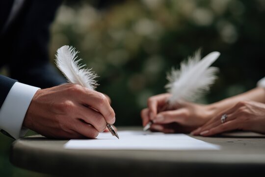 Bride and groom sign their wedding certificate with elegant feather pens, capturing moment of love and commitment. serene outdoor setting enhances emotional atmosphere of this special occasion