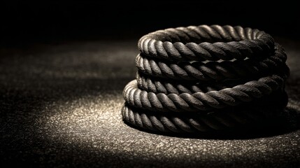 Coiled fitness rope on gym floor, textured rubber detail, dramatic lighting - Strength and movement in focus
