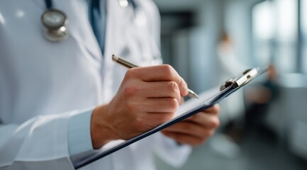 Close up of doctor hand holding pen and clipboard, showcasing professional environment in medical setting. image conveys sense of care and attention to detail