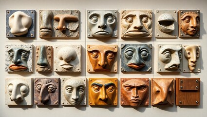 Intricate Sculpted Faces Art Wall Decor Modern Clay Masks gray home head eyes nose tile brown beige 