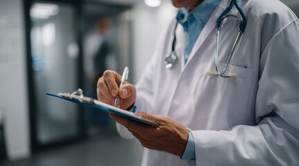 Doctor in white coat is writing on medical clipboard, showcasing professionalism and attention to detail in clinical setting. environment reflects healthcare atmosphere