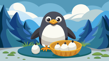 Obraz premium Cartoon penguin with eggs in a basket standing in a snowy forest with mountains and cloudy sky