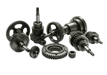 Collection of various metal gears and shafts isolated on transparent background