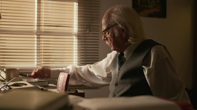 Side view medium shot of elderly Caucasian male writer sitting at desk in front of vintage typewriter in his home office and packing his pipe before working on new novel