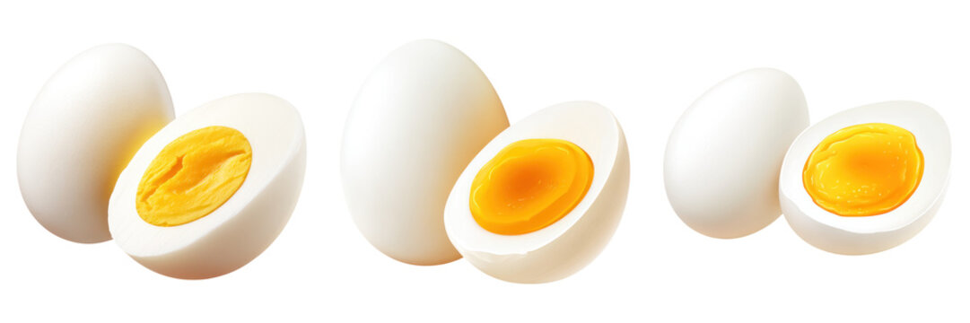 Boiled egg halves showing bright yellow yolk with smooth white shell and fresh texture