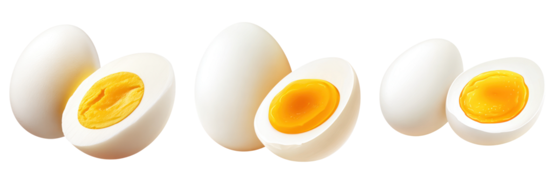 Boiled egg halves showing bright yellow yolk with smooth white shell and fresh texture