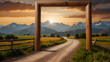 Fototapeta premium Summer sun setting over a rural highway with green grass and clouds in the mountain landscape
