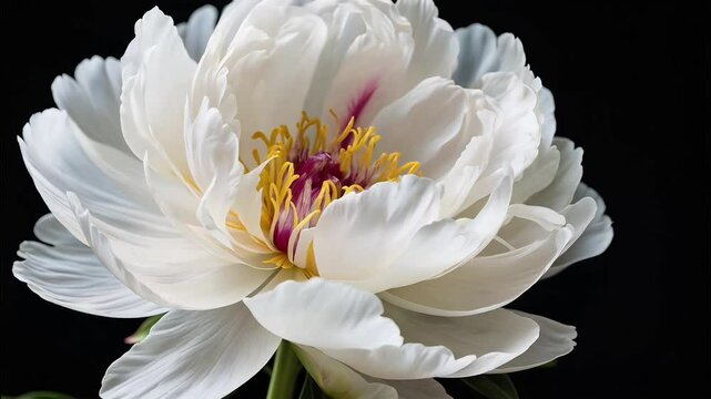 4K time lapse of single blooming white peony flower on dark black background. Suitable for marketing or business purposes