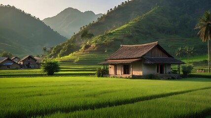 Lush Green Rice Fields with a Historic Village Home