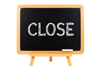 Chalkboard with the word close written in white chalk isolated on transparent background