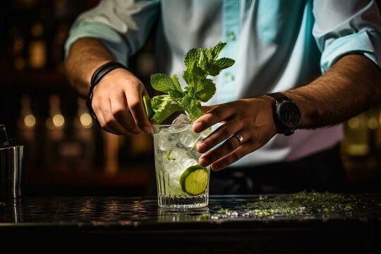 Bartender preparing a mojito cocktail, squeezing lime in a glass with ice and mint leaves