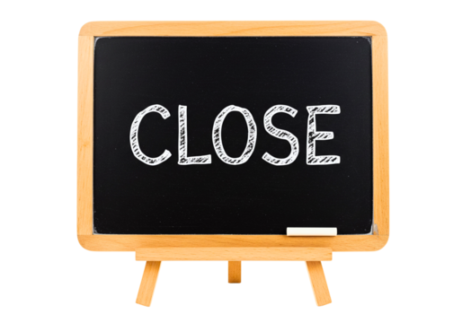 Chalkboard with the word close written in white chalk isolated on transparent background