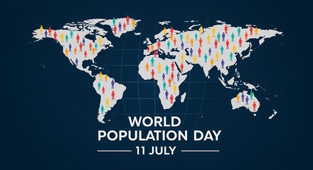 World population day illustration featuring a world map with colorful human figures on the continents